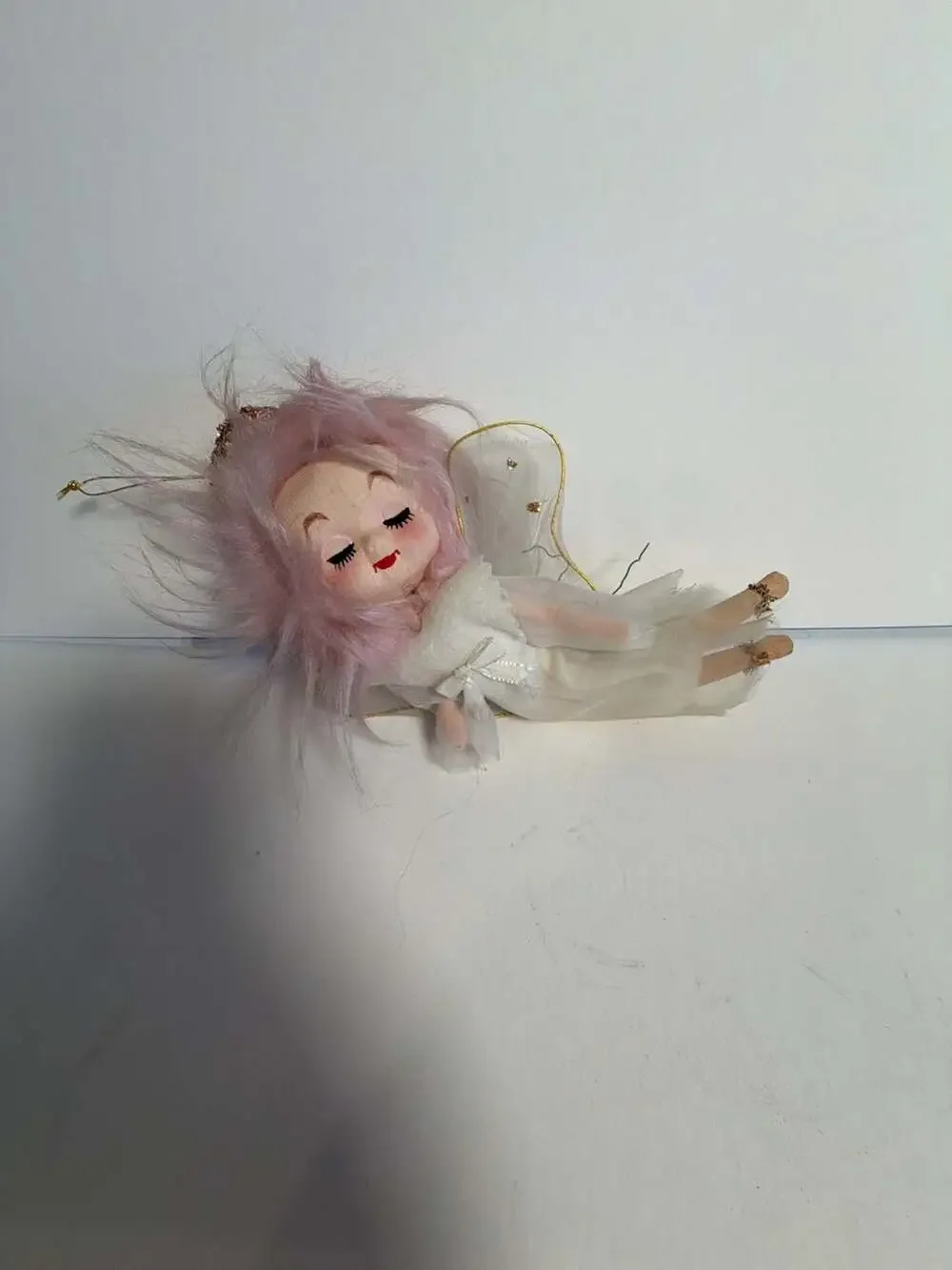 Vintage Mid-Century Japan Pink Hair Pixie Angel Ornament with Tulle Wings